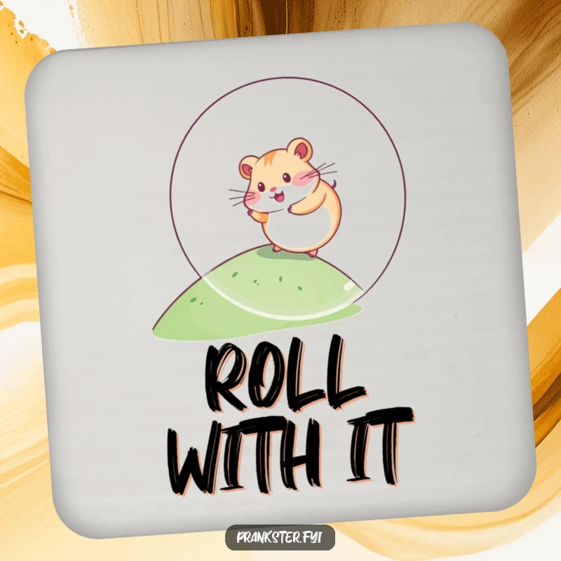 Funny Kawaii Hamster Coaster rolling down a hill inside a giant plastic ball, protecting surfaces with a stylish and humorous design, ideal for bar or home.