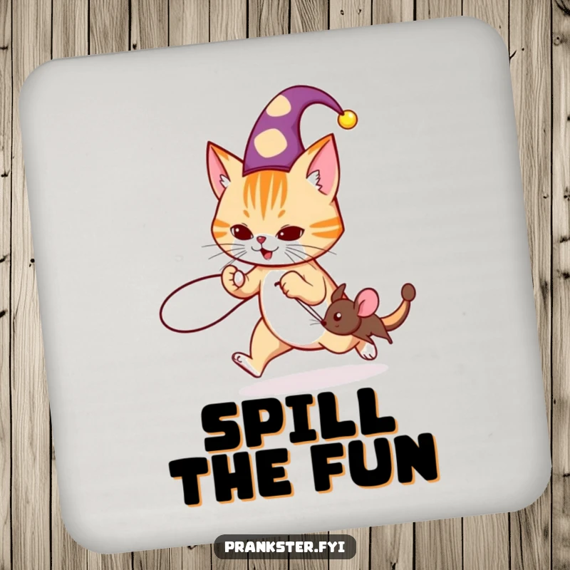 Funny jester cat drink coaster featuring a cat in a hat tripping a mouse with a string, protecting furniture humorously.
