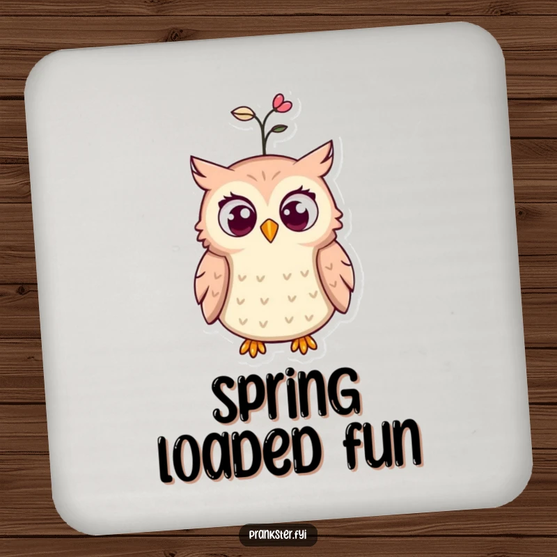Funny coaster featuring a surprised owl with wide eyes and a spring flying out of its hat, adding a humorous touch to tabletops.