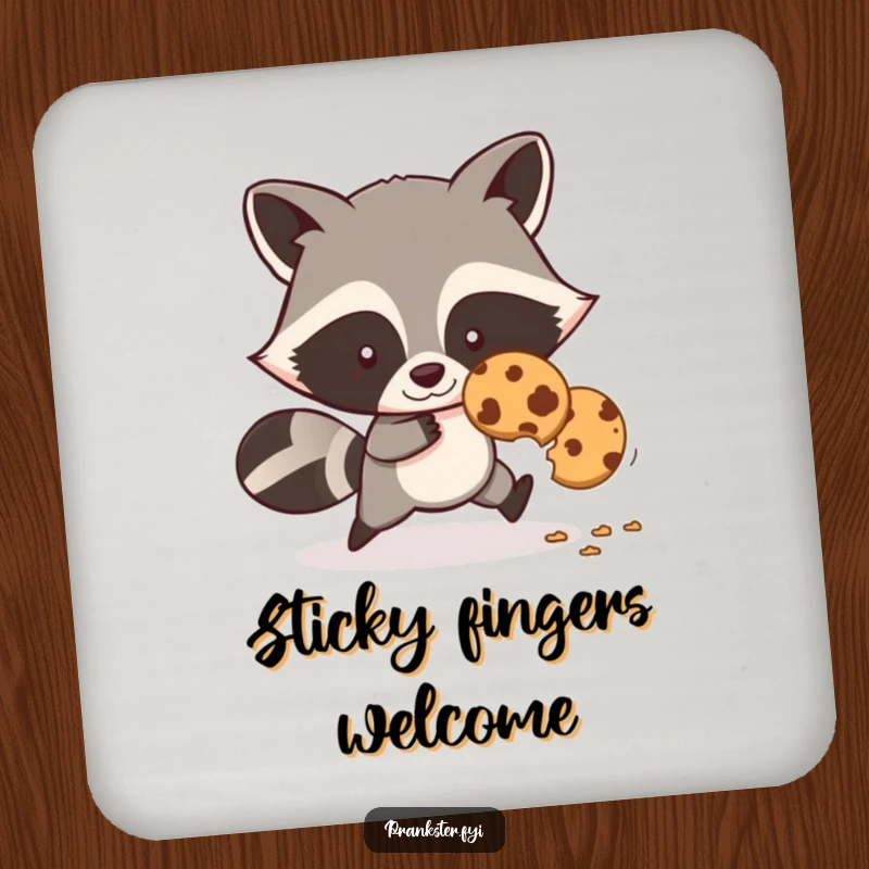 Funny drink coaster featuring a sly raccoon stealing a cookie, protecting surfaces with humor.