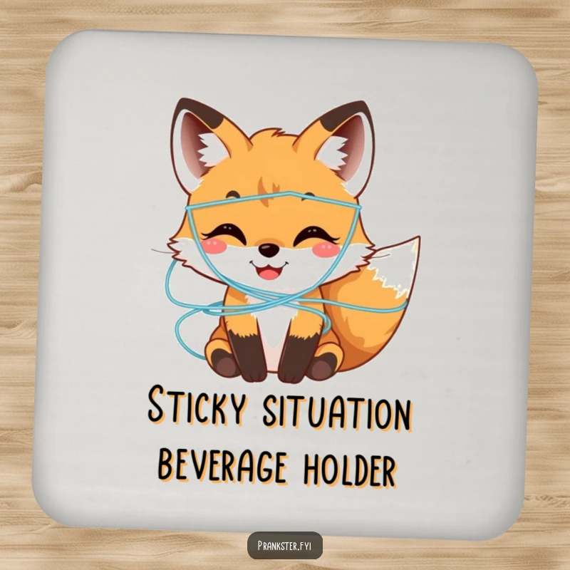 Funny Coaster featuring a smiling fox cub playfully adorned with silly string, adding a touch of amusing protection.