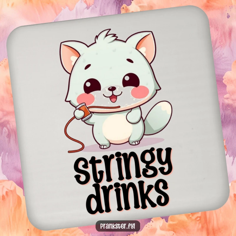 Funny drink coasters featuring a gleeful animal character spraying silly string, adding playful charm to drinks.