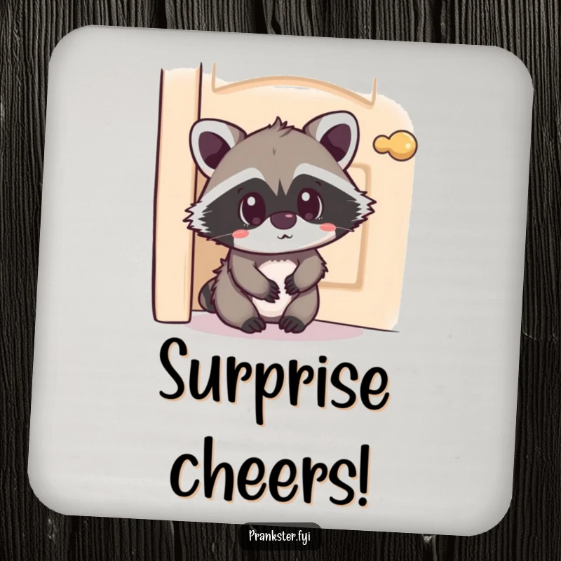 Funny Kawaii Raccoon Coaster hiding with a surprised expression, a humorous and cute coaster for protecting surfaces, ideal for bar or home settings.