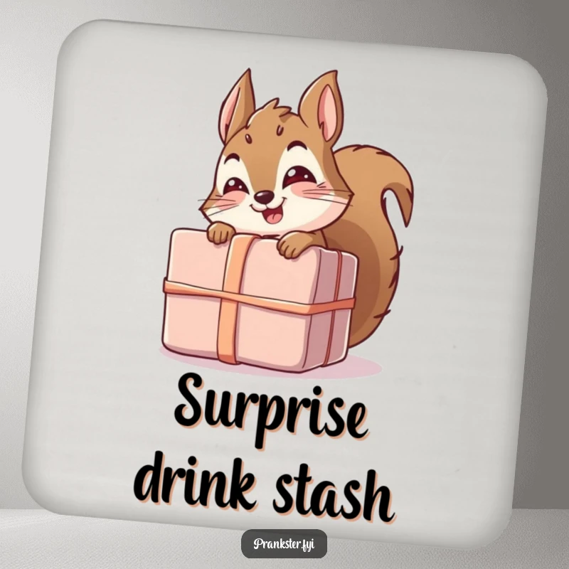 Funny drink coaster featuring a giggling squirrel character hiding behind an unwrapped gift, adding humorous protection to surfaces.