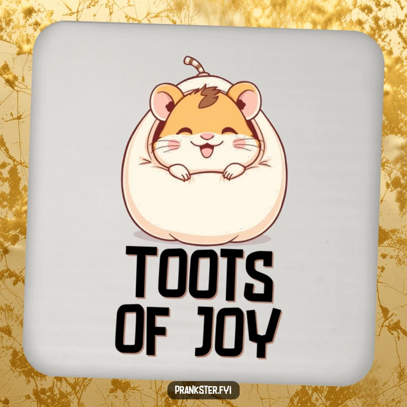 Funny drink coaster with a giggling hamster character emerging from a whoopee cushion, adding prankster fun to surfaces.