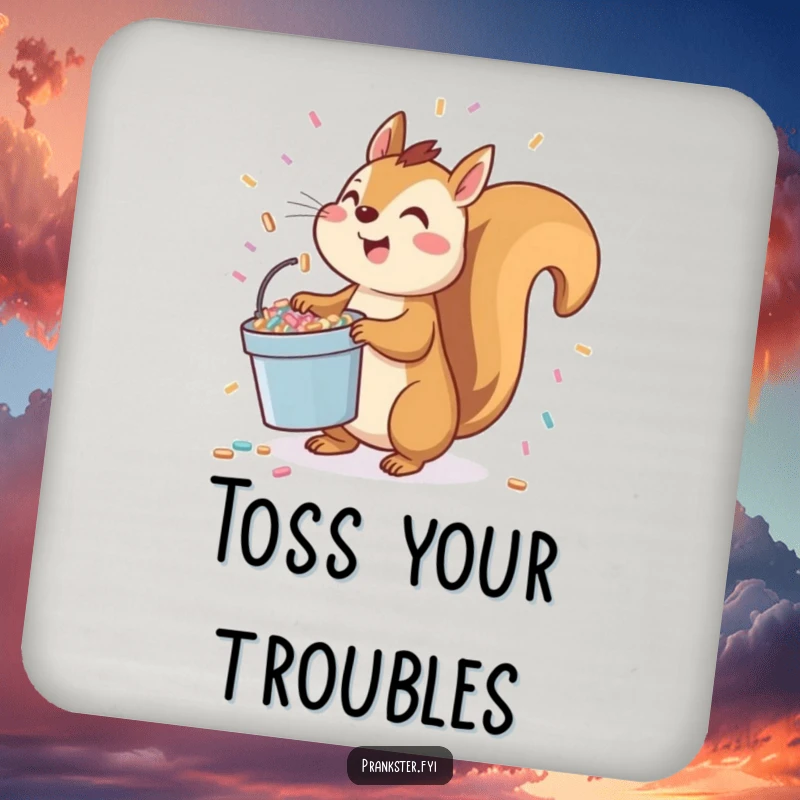 Funny squirrel drink coasters featuring a playful character holding a bucket of confetti, ready to toss it upwards.