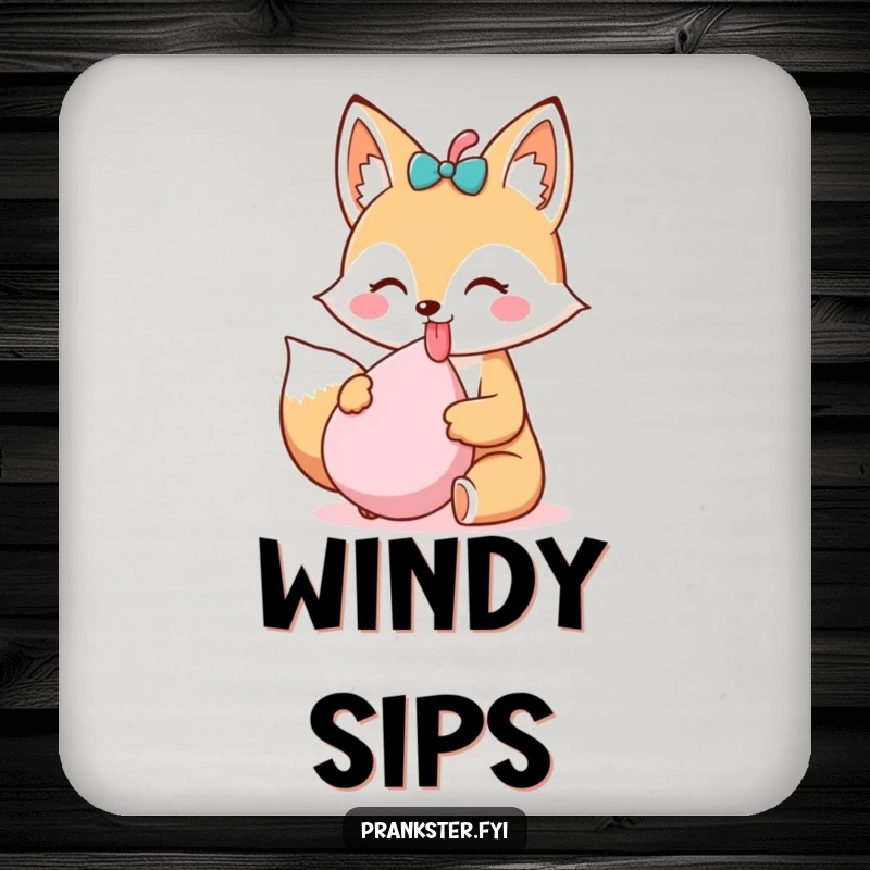 Funny Kawaii Fox Coaster sticking its tongue out and holding a whoopee cushion, protecting surfaces with a stylish and humorous design, ideal for bar or home.