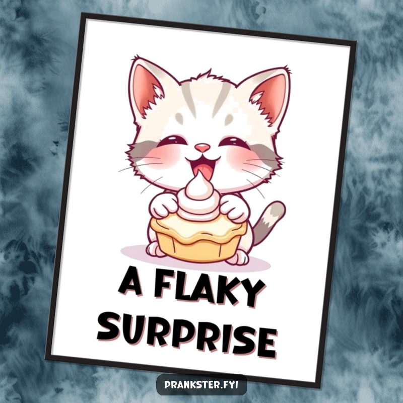 Funny poster depicting a giggling kitten playfully throwing a cream pie, an image of adorable anarchy.