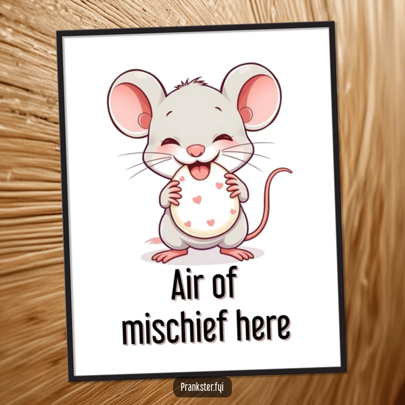 Funny Poster of a mischievous mouse gleefully holding a miniature whoopee cushion, exuding playful prankster energy.