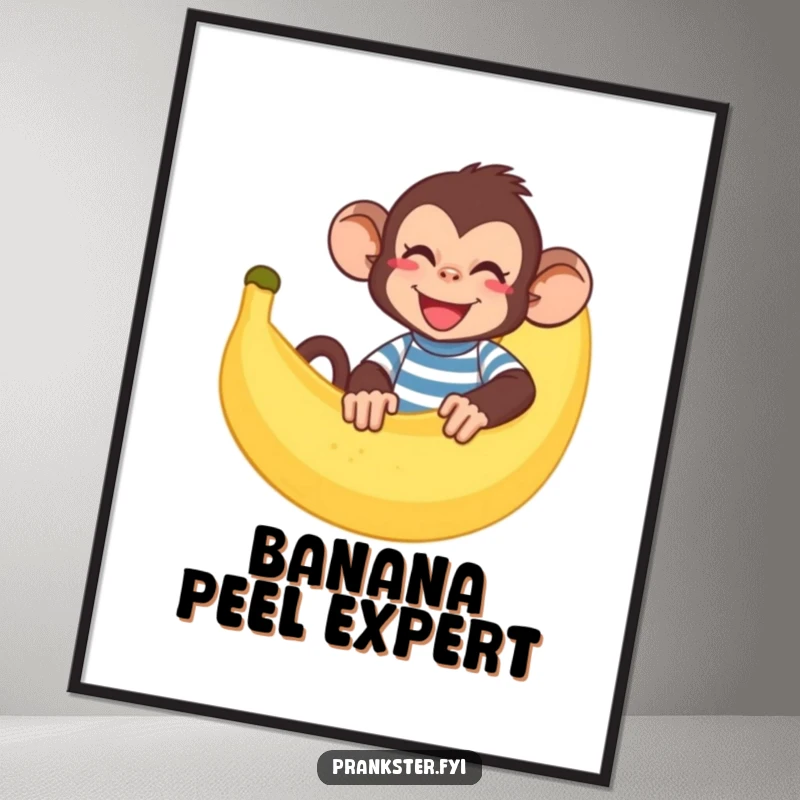 Funny monkey poster illustrating a giggling monkey hiding behind a large banana peel, adding whimsical humor.