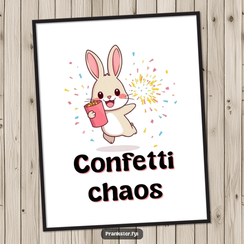Funny poster artwork of a cheerful rabbit hopping away from an exploding confetti popper, radiating festive energy.