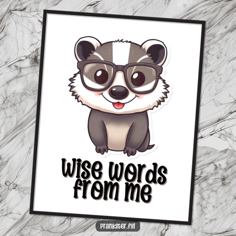 Funny Poster of a happy badger proudly wearing comically large glasses, exuding intelligence and lightheartedness.