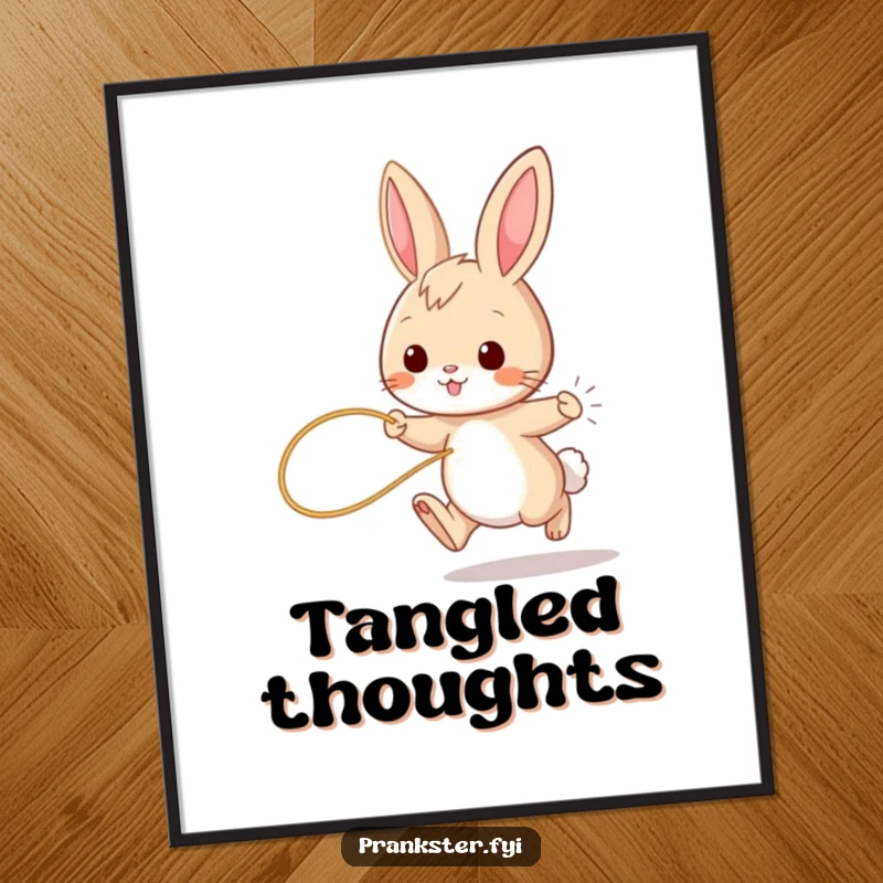 Funny bunny poster, playful rabbit hopping with string tied to tail, whimsical wall art for a humorous touch.