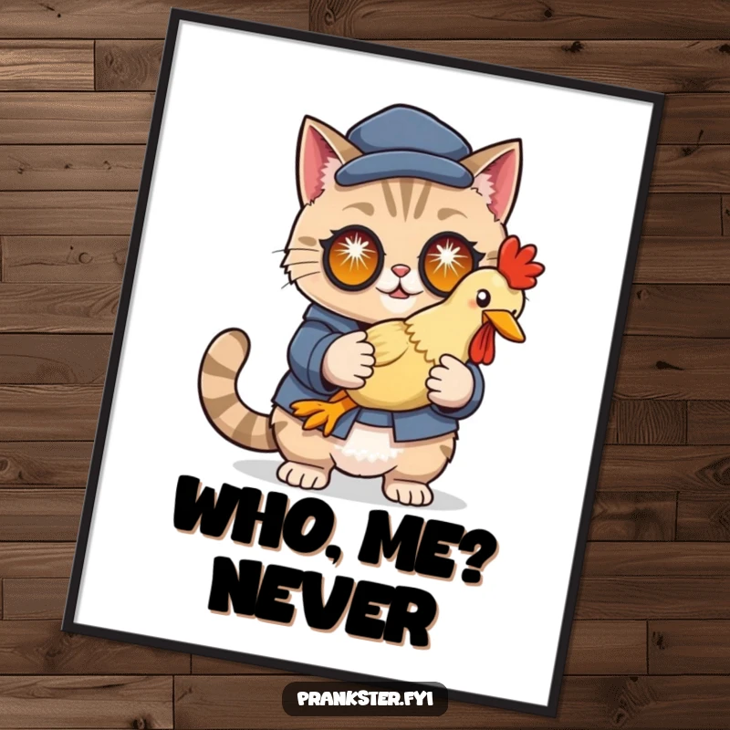 Funny poster art of a cleverly disguised cat holding a rubber chicken with sparkling eyes, conveying a humorous spy theme.