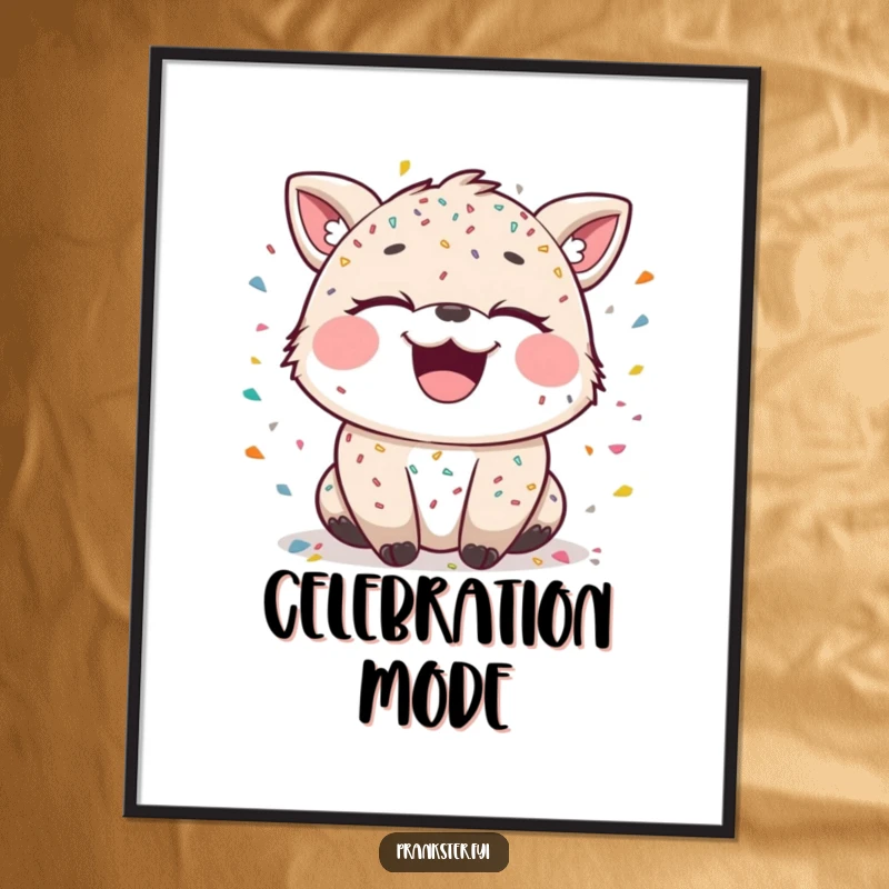 Funny poster of a laughing animal character covered in confetti, with mischievous sparkling eyes, embodying celebratory fun.