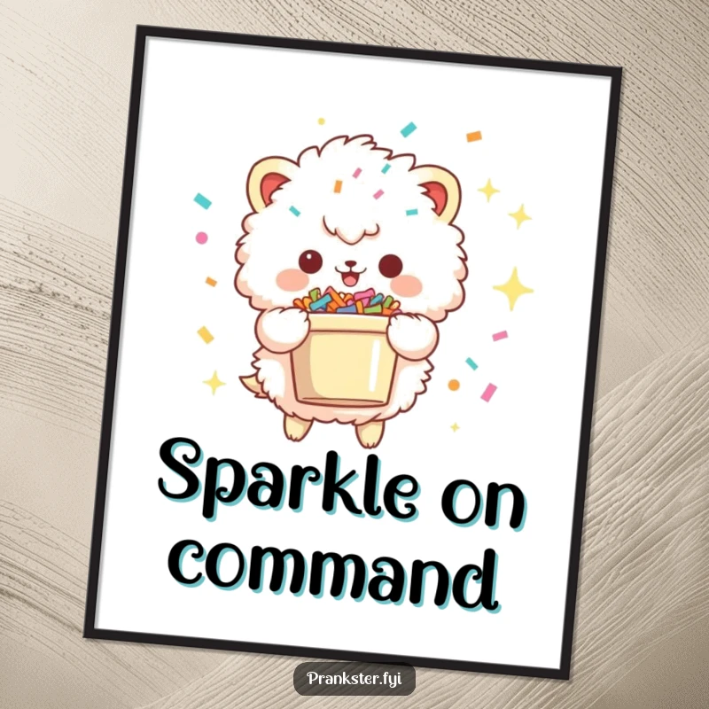 Funny poster print of a fluffy creature with a mischievous sparkle, holding a bucket overflowing with confetti, adding a touch of celebration to any room.