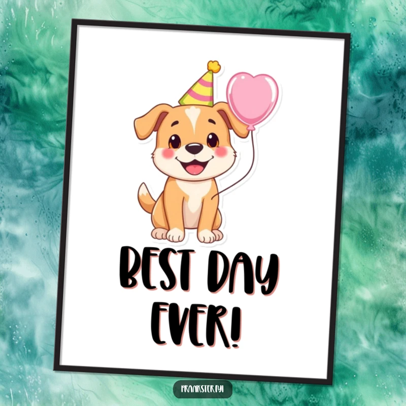 Funny poster of a cheerful dog in a party hat holding a balloon, radiating infectious party spirit.