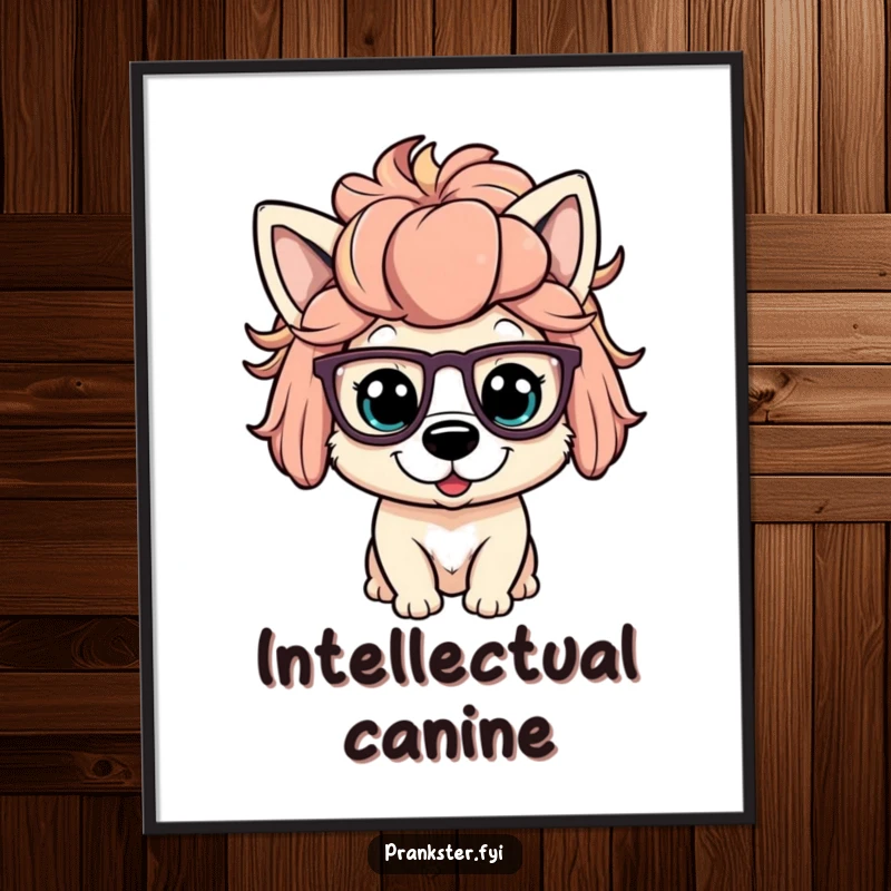 Funny poster art of a playful dog character wearing a silly wig and oversized glasses, offering comical, disguised visual humor.