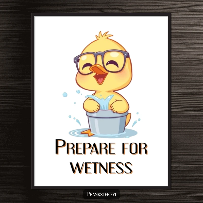 Funny giggling duckling wearing glasses, poised to splash water, a humorous and vibrant poster for wall decor.