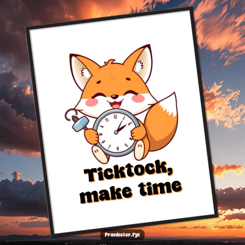 Funny poster print of a grinning fox winking as it sets a tiny clock, perfect humorous wall art for any enthusiast.
