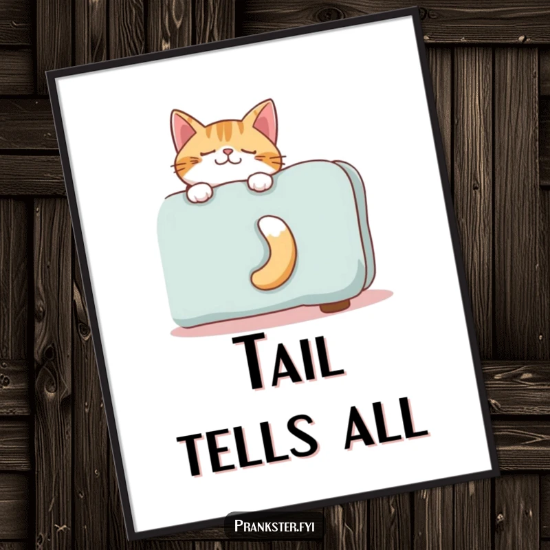Funny poster of a giggling cat's tail emerging from behind furniture, capturing a moment of playful surprise.