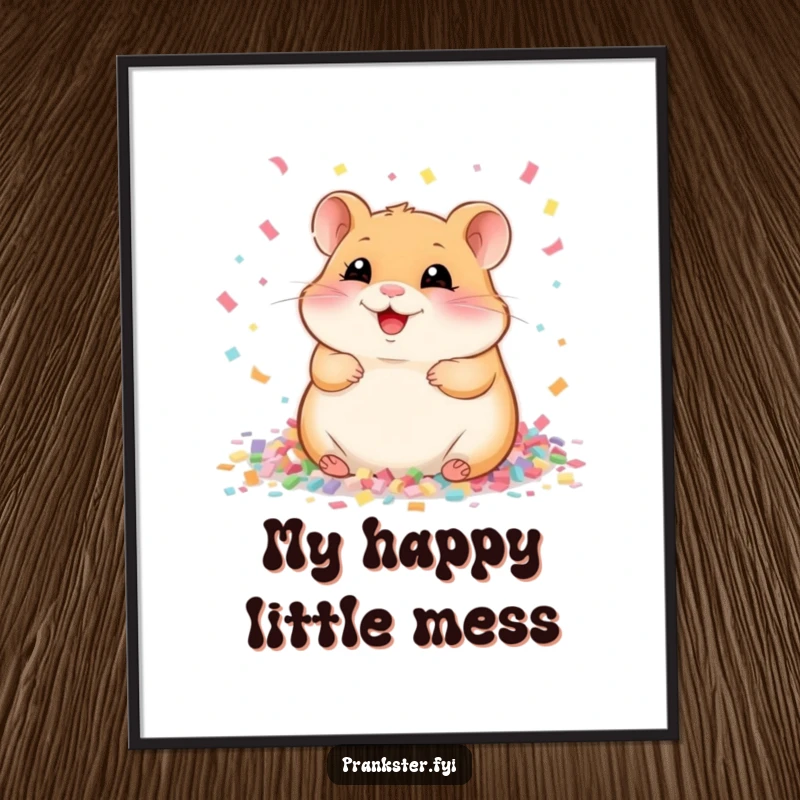 Funny Poster of a giggling hamster joyfully reveling in a massive pile of confetti, spreading pure, unbridulterated amusement.