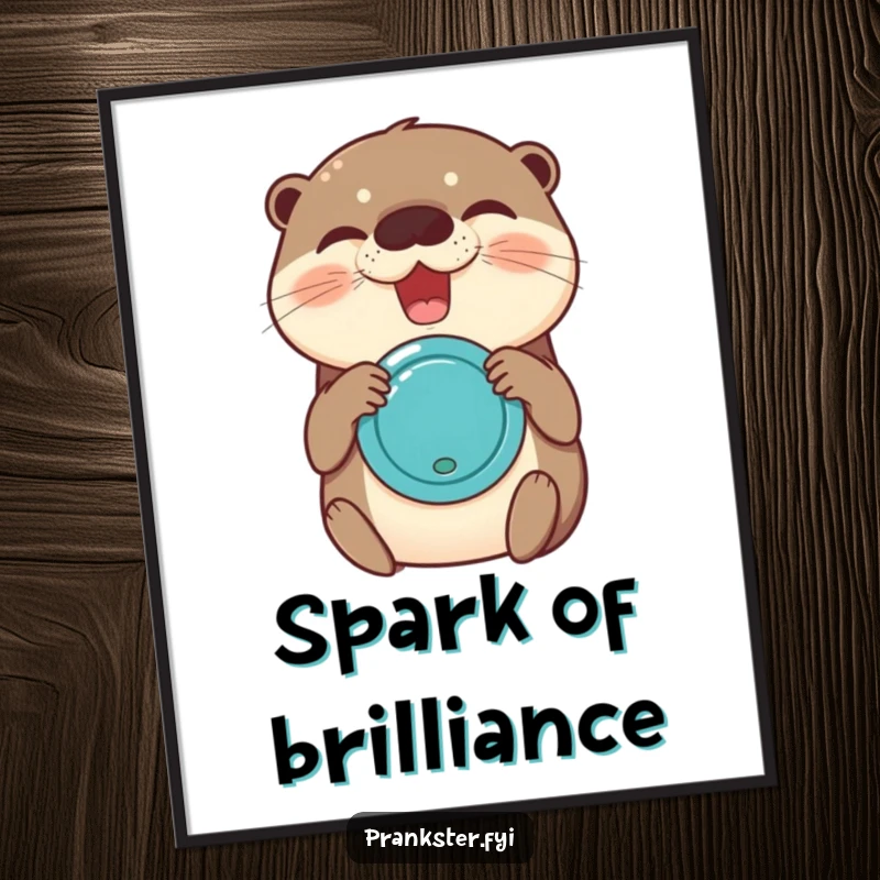 Funny poster of a delighted otter squeezing a joy buzzer enthusiastically, capturing a moment of shocking, happy amusement.