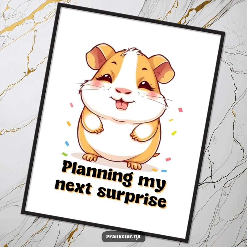 Funny Guinea Pig Poster: A cheerful guinea pig with a sly grin, concealing a delightful surprise of confetti behind its back.