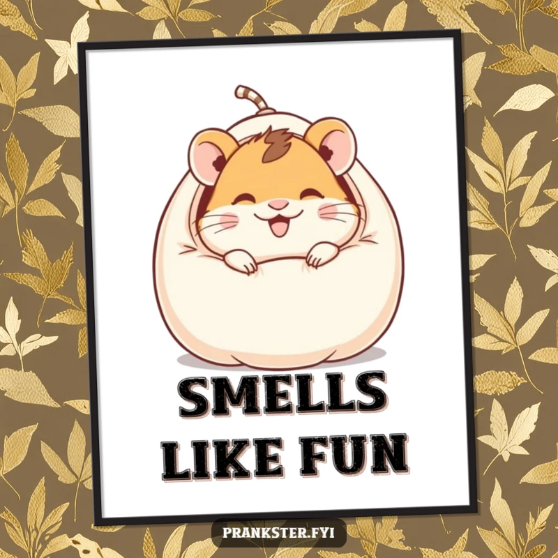 Funny poster of a giggling hamster character peeking from a whoopee cushion, bringing hilarious prankster art to life.