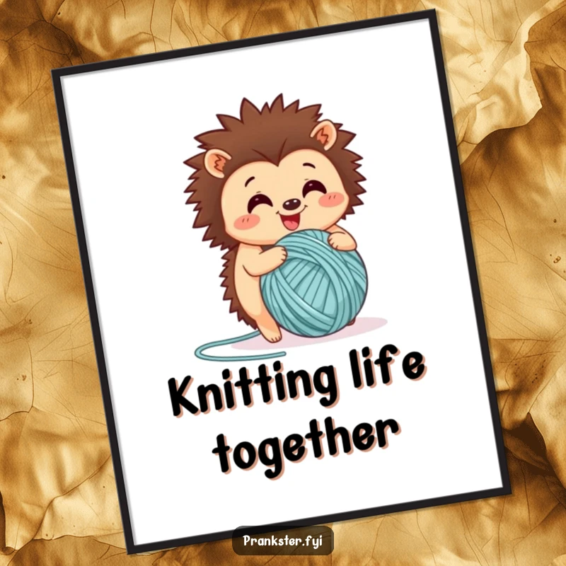 Funny poster featuring a very happy hedgehog enthusiastically rolling a big ball of colorful yarn, full of playful glee.