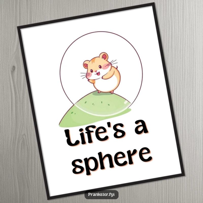 Funny Kawaii Hamster Poster rolling down a hill inside a giant plastic ball, vibrant wall art that adds a touch of adorable humor and pet charm.