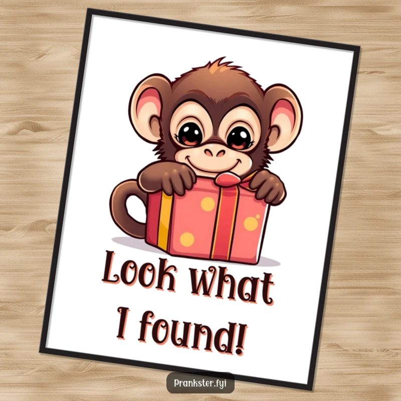Funny poster of a mischievous monkey peeking from behind a brightly colored gift box, adding a playful vibe.