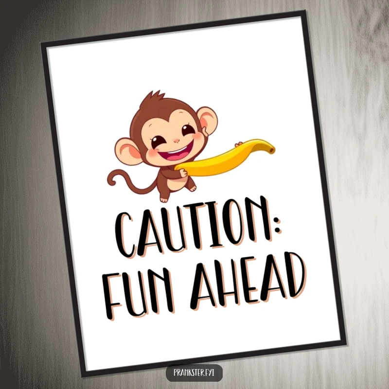 Funny Monkey Poster print of a mischievous monkey throwing a banana peel with a wide grin, symbolizing playful mischief, humorous wall decor.