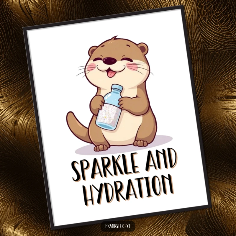 Funny otter mischief poster, a giggling otter swapping glitter for water, creating a humorous and sparkly scene.