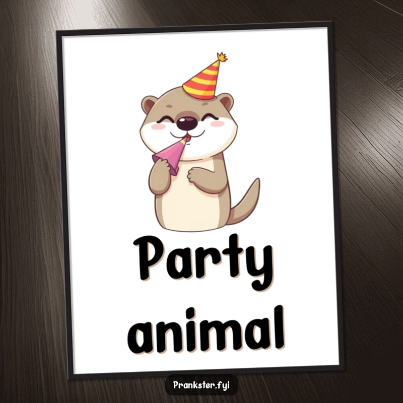 Funny poster print of a cheerful otter in a party hat, blowing a noise maker with gusto, creating a scene of pure, unadulterated fun.