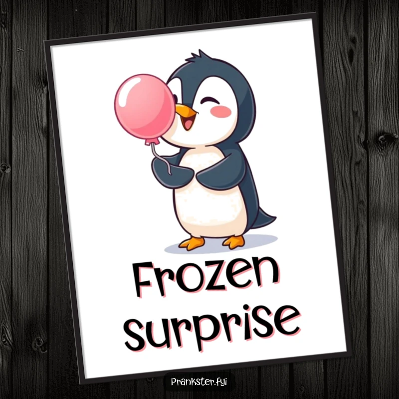 Funny penguin poster, cheerful penguin launching a surprise water balloon, whimsical wall art for a humorous touch.