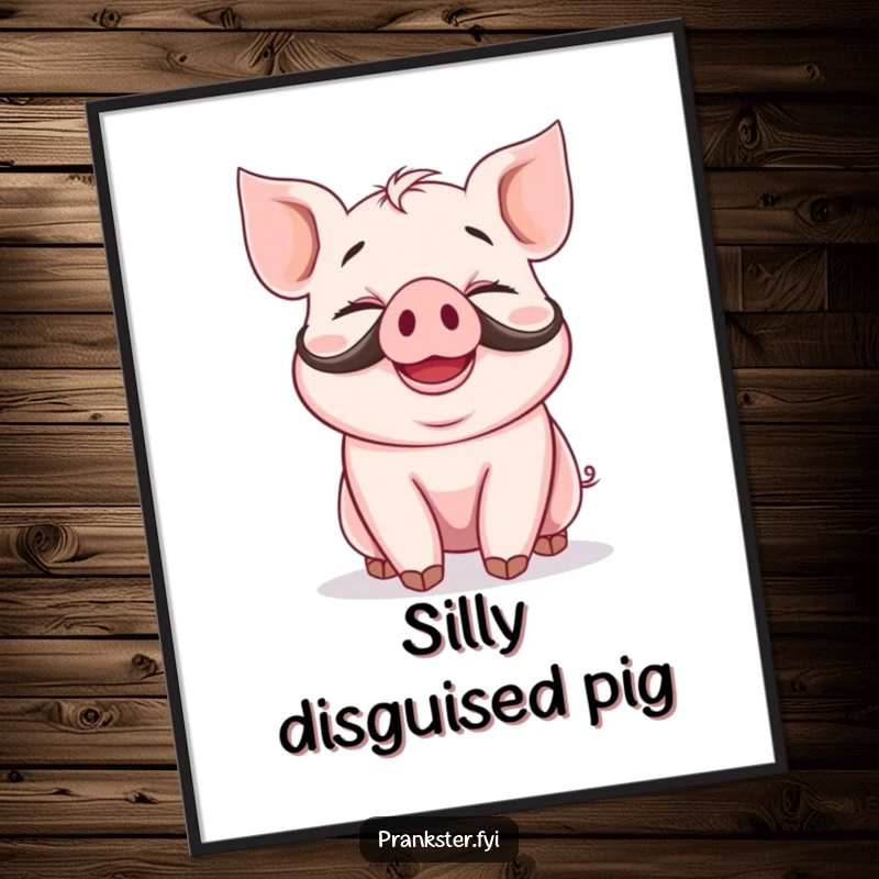 Funny poster of a giggling piglet with a fake mustache and a silly grin, bringing cheer and humorous charm to any space.