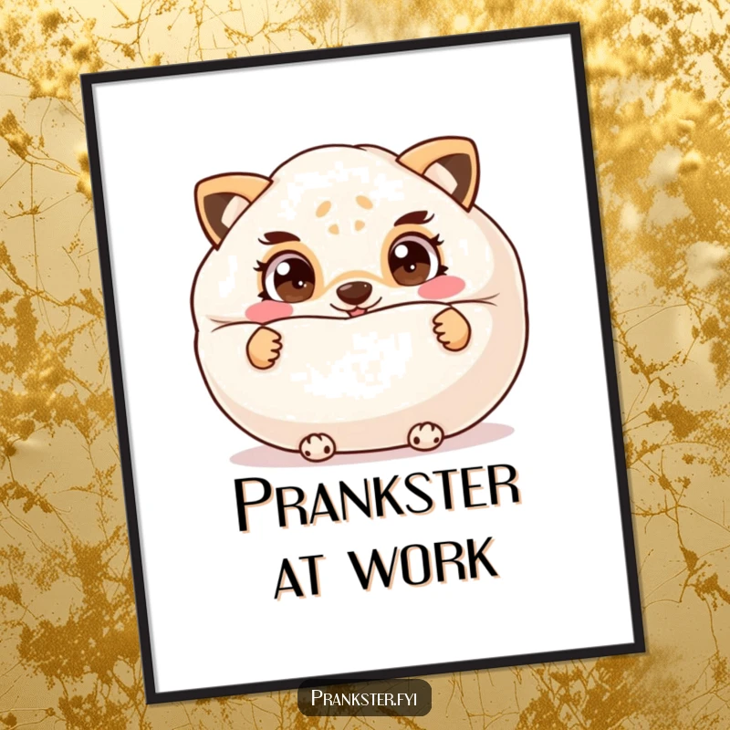 Funny poster art of a cheeky animal hiding behind a giant whoopee cushion, eyes full of mischief, ready to prank.