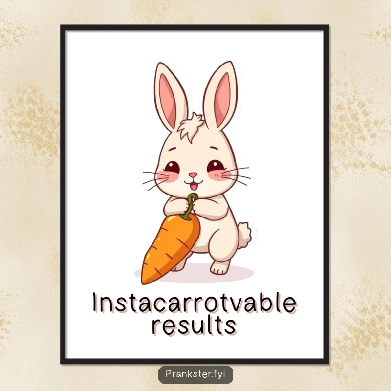 Funny rabbit poster depicting a rabbit pulling a long string attached to a carrot, symbolizing perseverance. Great art.