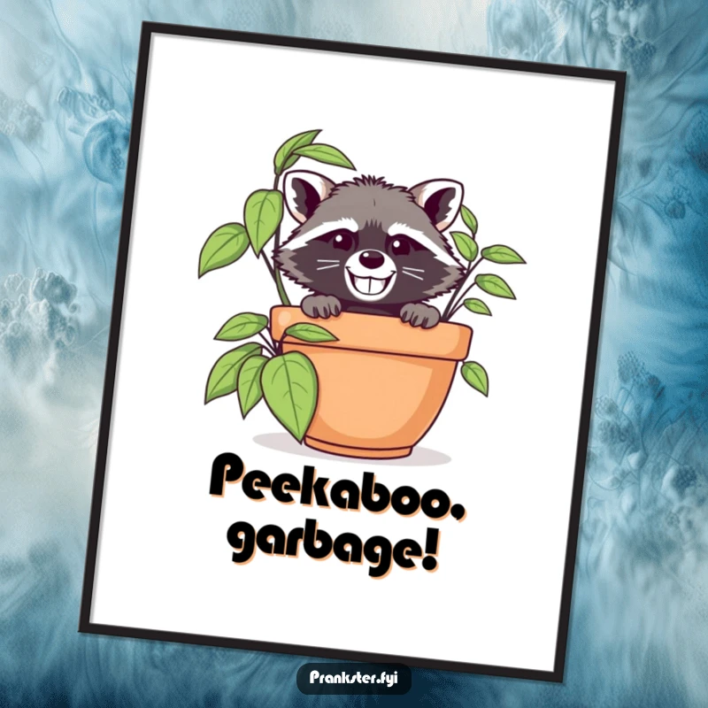 Funny raccoon in disguise peeking from behind a large potted plant, presented as humorous wall art poster.