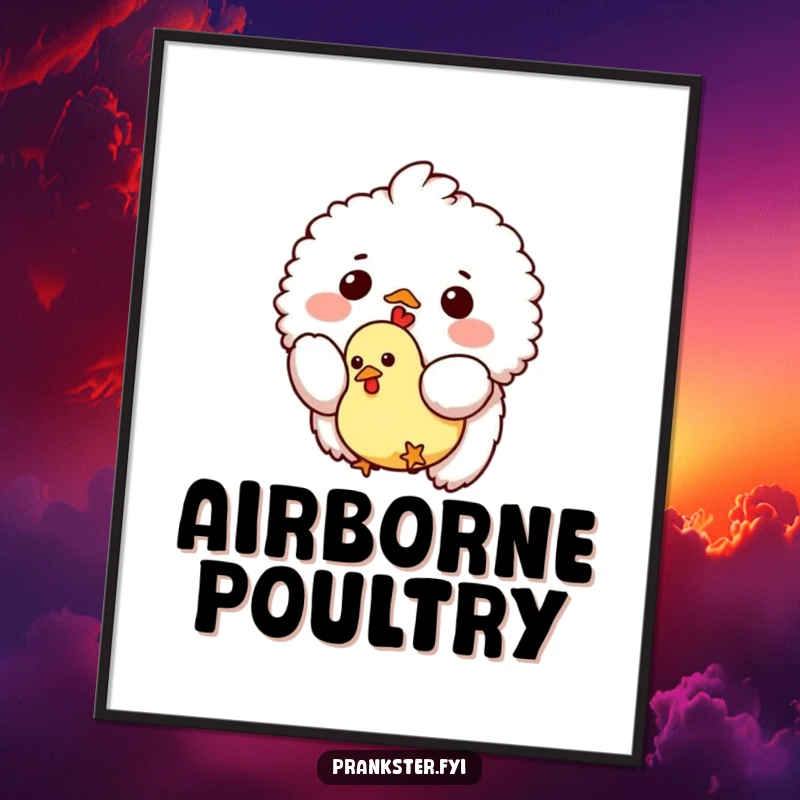 Funny poster print of a small fluffy creature dropping a tiny rubber chicken from above, adding a touch of playful absurdity and humor to any room.