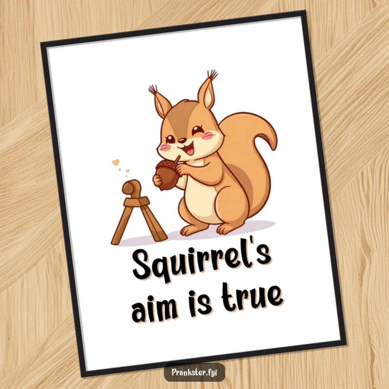 Funny poster featuring a gleeful squirrel launching an acorn from a slingshot, an image of playful outdoor action.