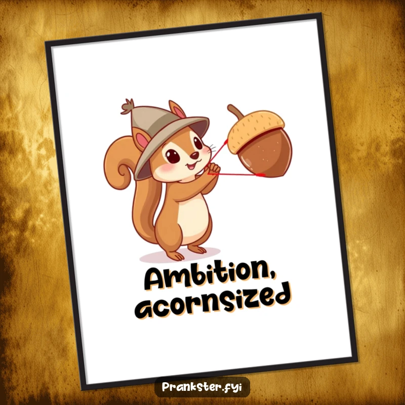 Funny squirrel acrobat poster, a squirrel in a hat launching an acorn with a slingshot, creating a humorous and dynamic scene.