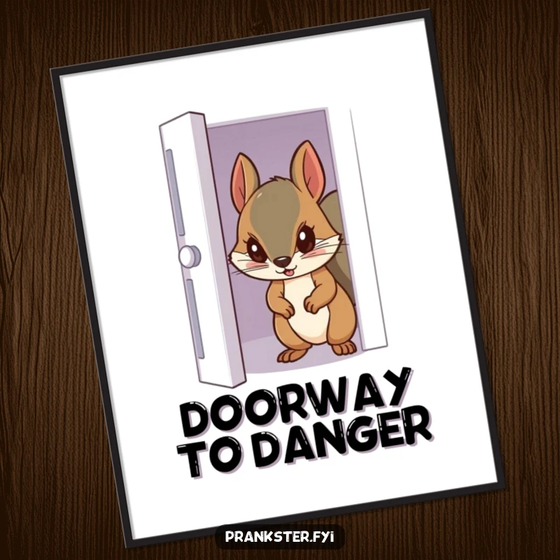 Funny poster of a sneaky squirrel peeking from a partially opened door, inviting viewers into a moment of quiet observation.