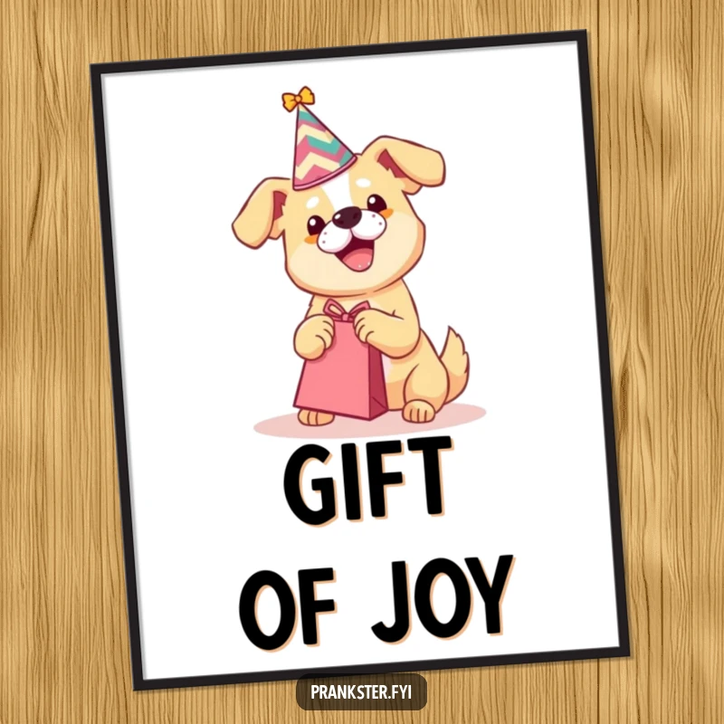 Funny poster artwork of a dog in a party hat shaking a gift bag, radiating excitement and festive vibes.