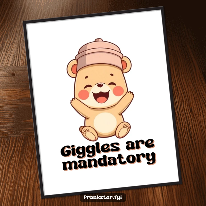 Funny poster featuring a bear cub humorously wearing a bucket on its head, captured in a moment of pure, uncontainable, hilarious giggles.
