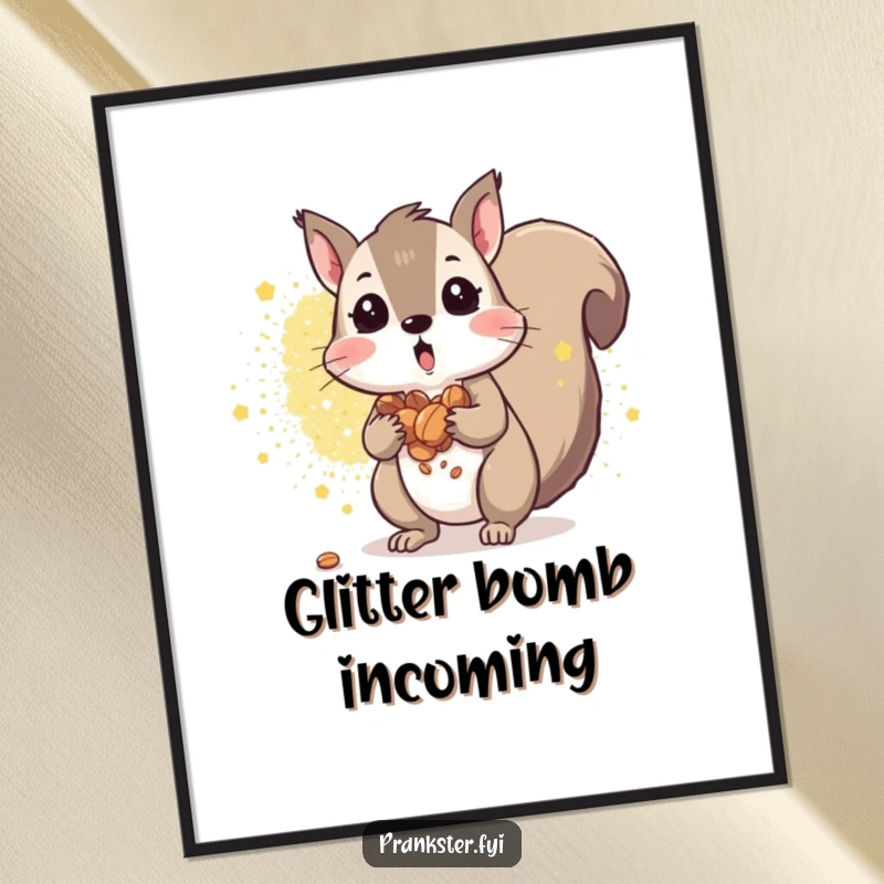 Funny squirrel poster showing a surprised squirrel with nuts spilling and a glitter explosion. Cheerful decor.