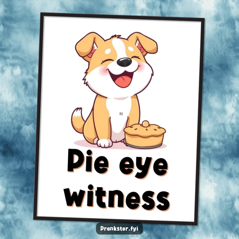 Funny dog poster, giggling dog mid-pie-throw action, wall art capturing humor and mischief, ideal for a funny gift.