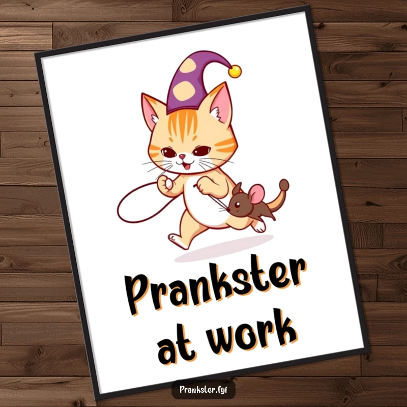 Funny jester cat poster illustrating a cat in a hat tripping a mouse with a string, adding whimsical humor.