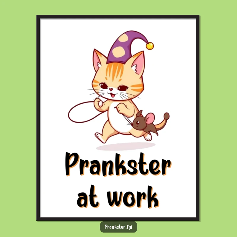 Funny Jester Cat Prank Poster: Whimsical Chase Wall Art, Perfect Humorous Gift